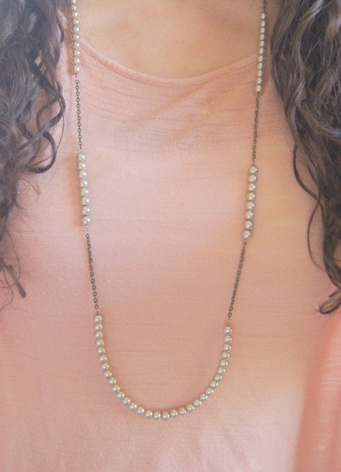 Gray Glass Pearls Vintage Bronze Chain Long Necklace