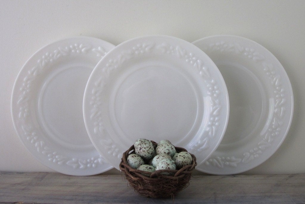 Milk Glass Plates with Floral Trim Set of Three