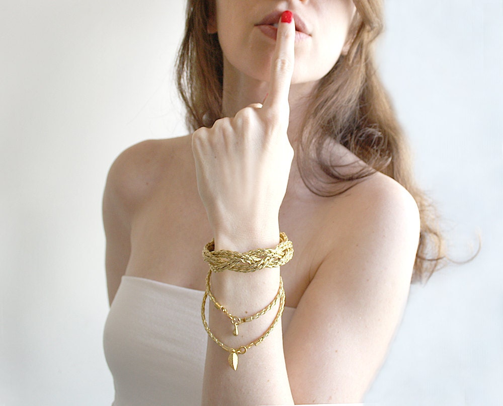 Braided Leather cuff bracelet, Gold braid cuff, black leather bracelet, statement jewelry - SchickiMickis
