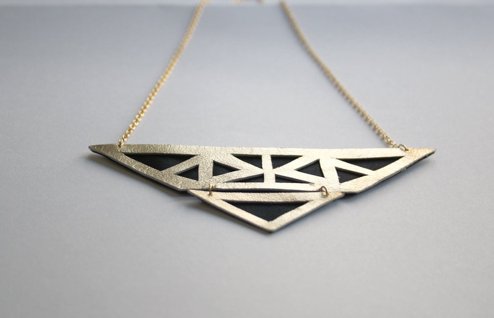 Geometric statement necklace, black and gold necklace, Ethnic tribal necklace,  leather necklace,