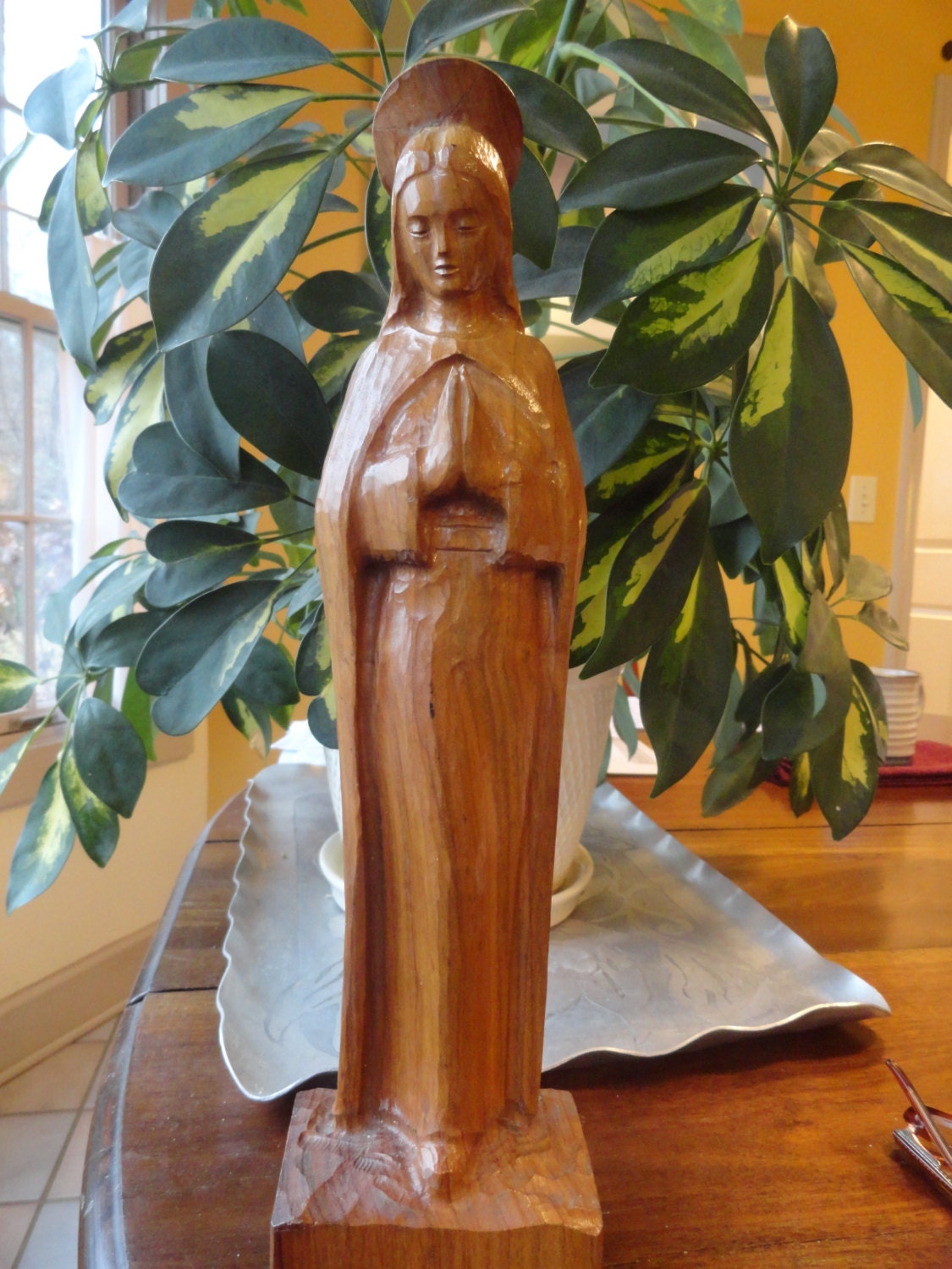Vintage VIRGIN MARY Statue Hand Carved Wood by backofbeyond