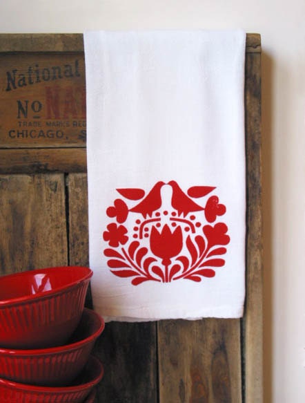 Red Scandinavian Print Kitchen Towel Hostess Housewarming Wedding Gift