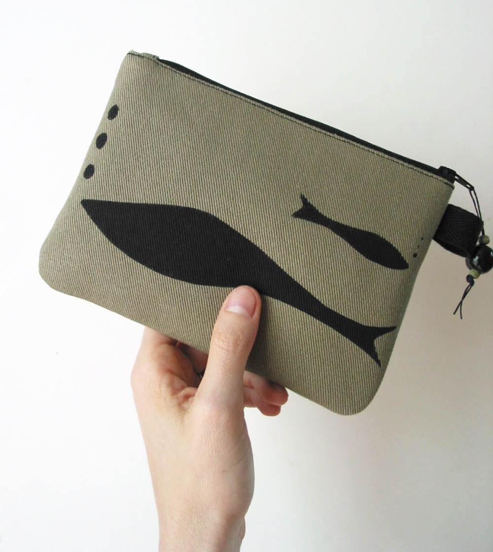 Fishes on Olive Canvas Changepurse Clutch Screenprint Reclaimed Fabric