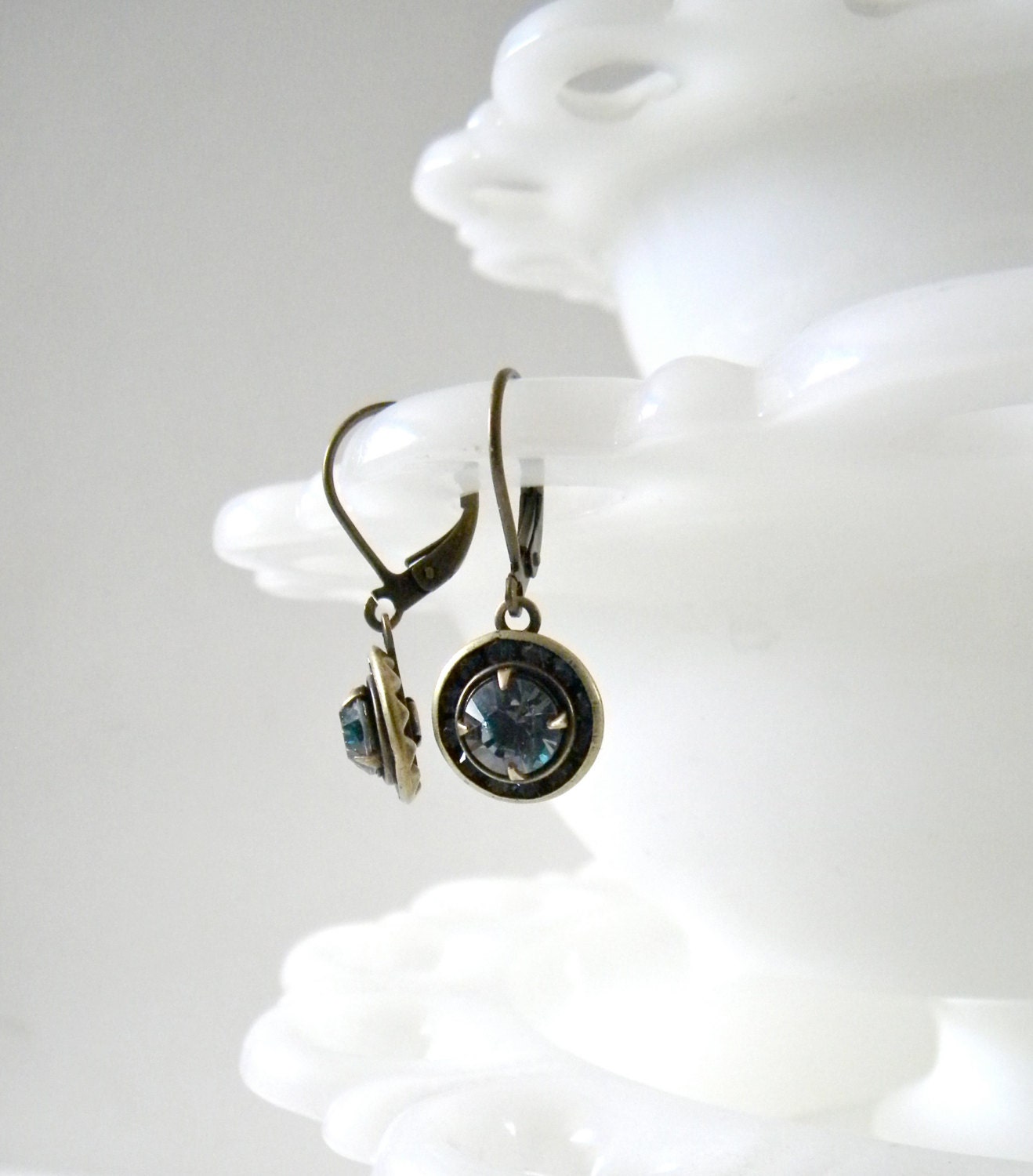 Something Blue Earrings.  Aged Brass.  Vintage Style