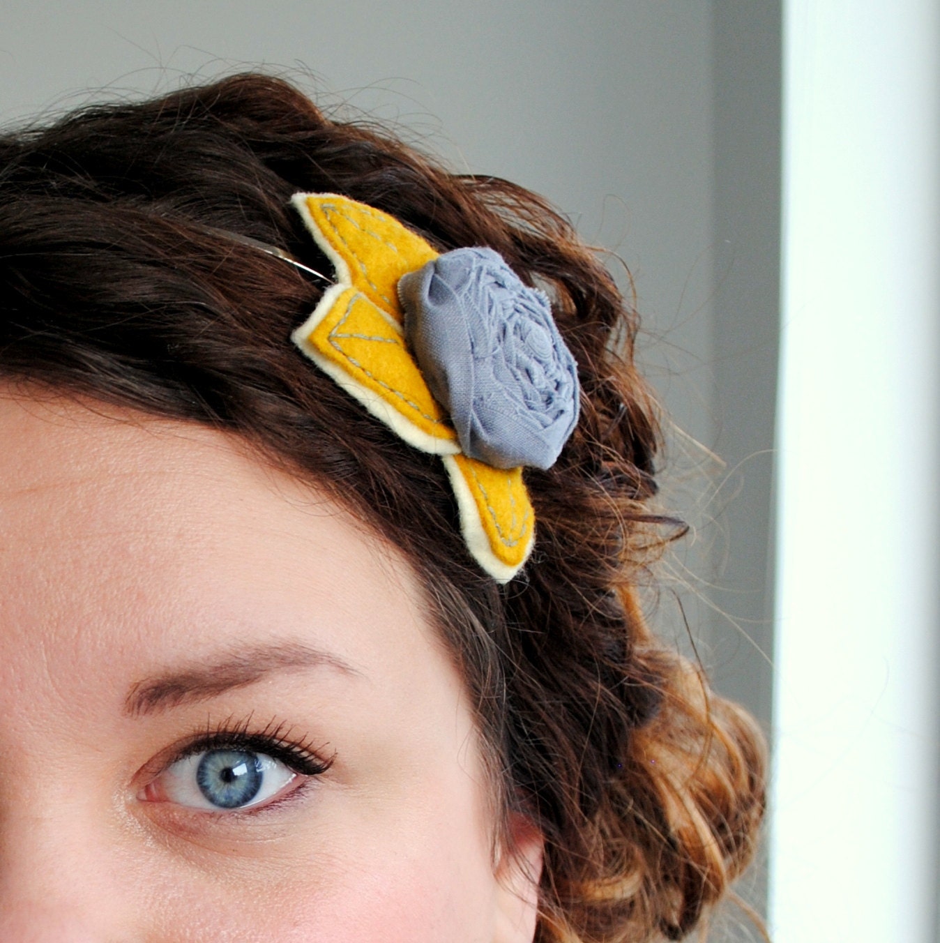 Grey and Mustard Yellow Floral Headband with Leaves - Gray, Cream and Yellow Statement Hair Accessory