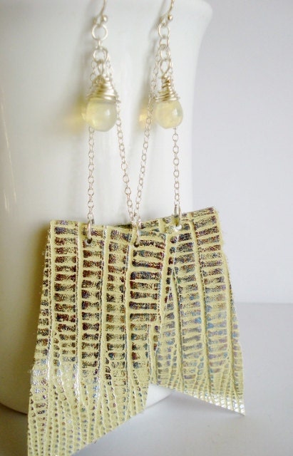 Leather earrings, opalite, sterling silver, bohemian earrings, yellow, dangle earrings, boho summer fashion, rustic, ooak