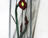 Red poppy stained glass flower panel bright vibrant decorative art, poppies