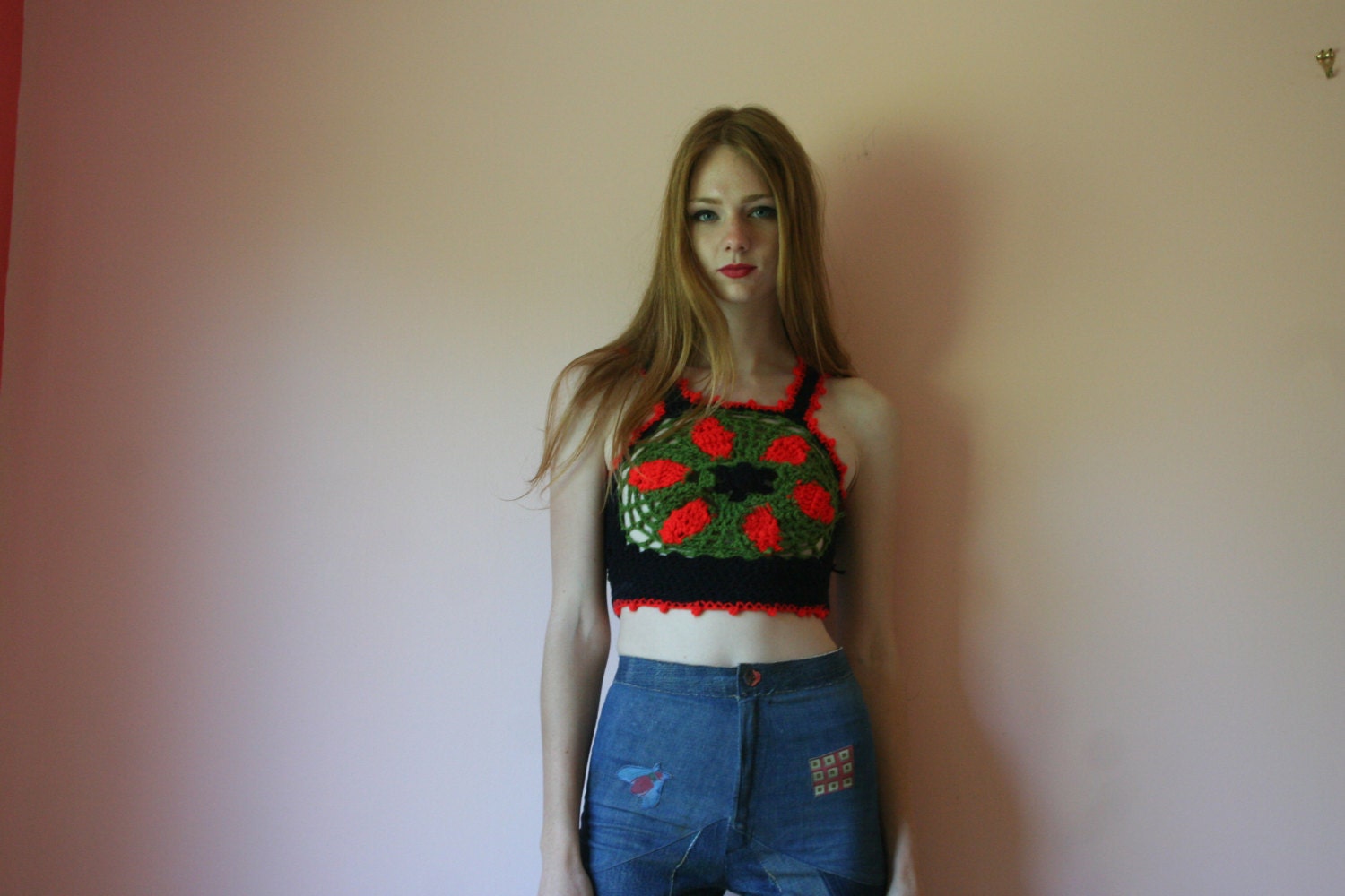 60s Crop Top / Crochet FESTIVAL Flower Power / Haute Hippie Tank Top / Witchy Woman Shirt / Peekaboo Top / Size Extra Small xs 00-0