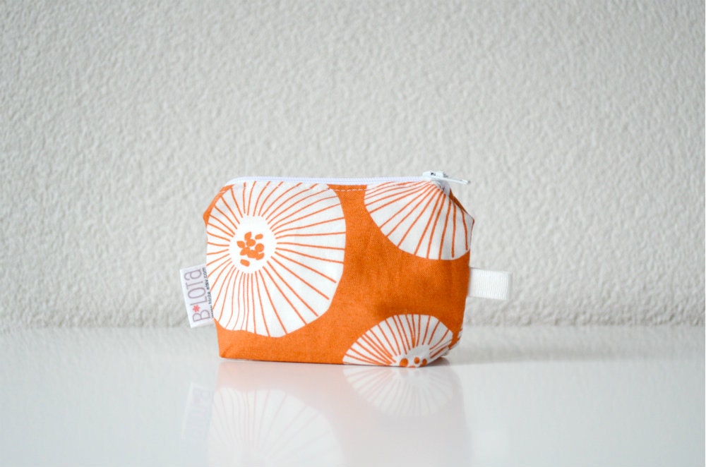 Small Zipper Pouch - Coin Purse - White Poppies on Orange