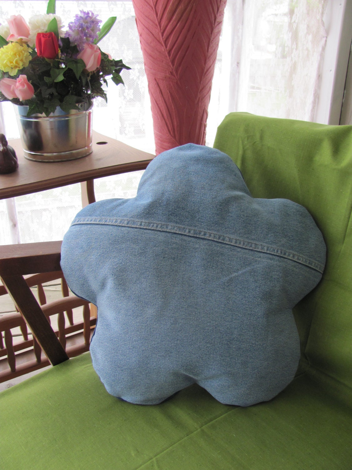 recycled denim flower pillow upcycled jeans 18 inch