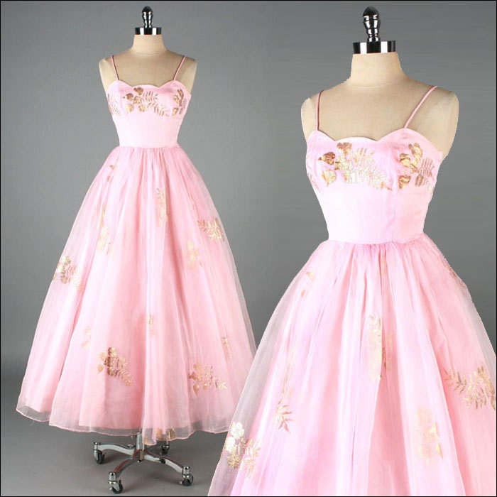 Vintage 1950s Dress . Pink Organza . Gold Foil Floral . 1611