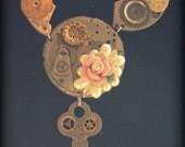 Steampunk Princess Necklace Pink Rose Cogs Clock Work Gears Artisan Made Handmade
