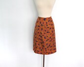 1960s 1970s Pencil Skirt / Vintage Secretary Style 60s 70s / Orange Blue Mod Print / Size Small Medium S M