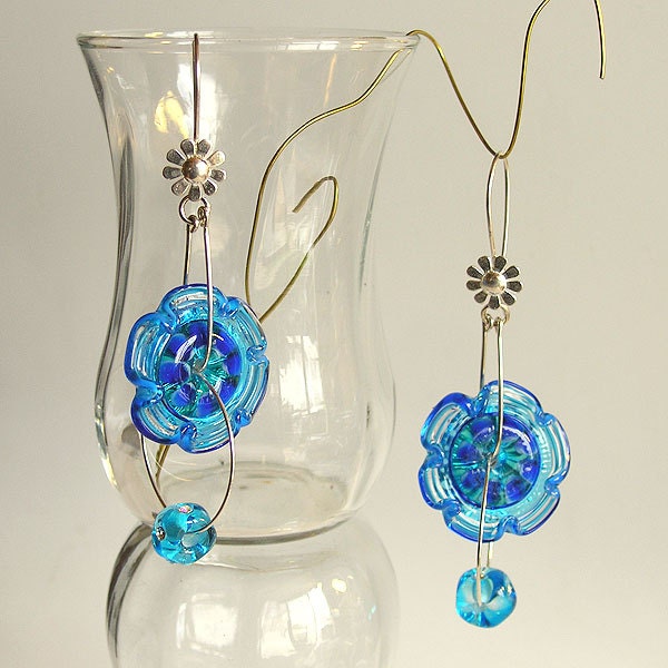 Long Earrings, Dangling Glass Beads Earrings, Sterling Siver Rings Earrings, Handmade Lampwork Flower Glass Beads