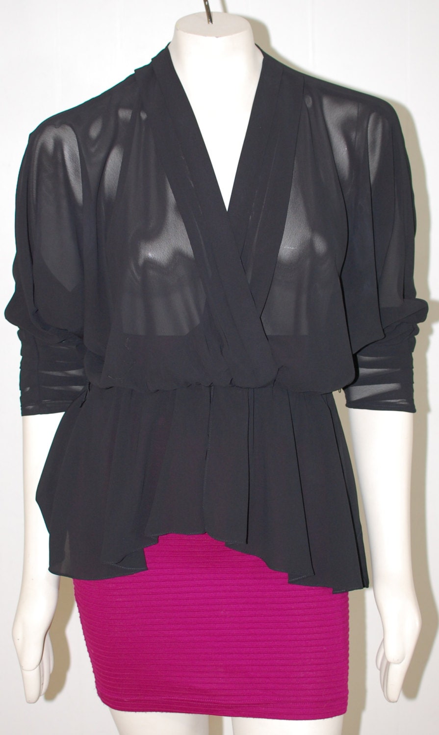 Vintage Black Sheer Assymetrical Peplum Top