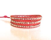 Bright Pink Leather Triple Wrap Bracelet with Silver Nuggets