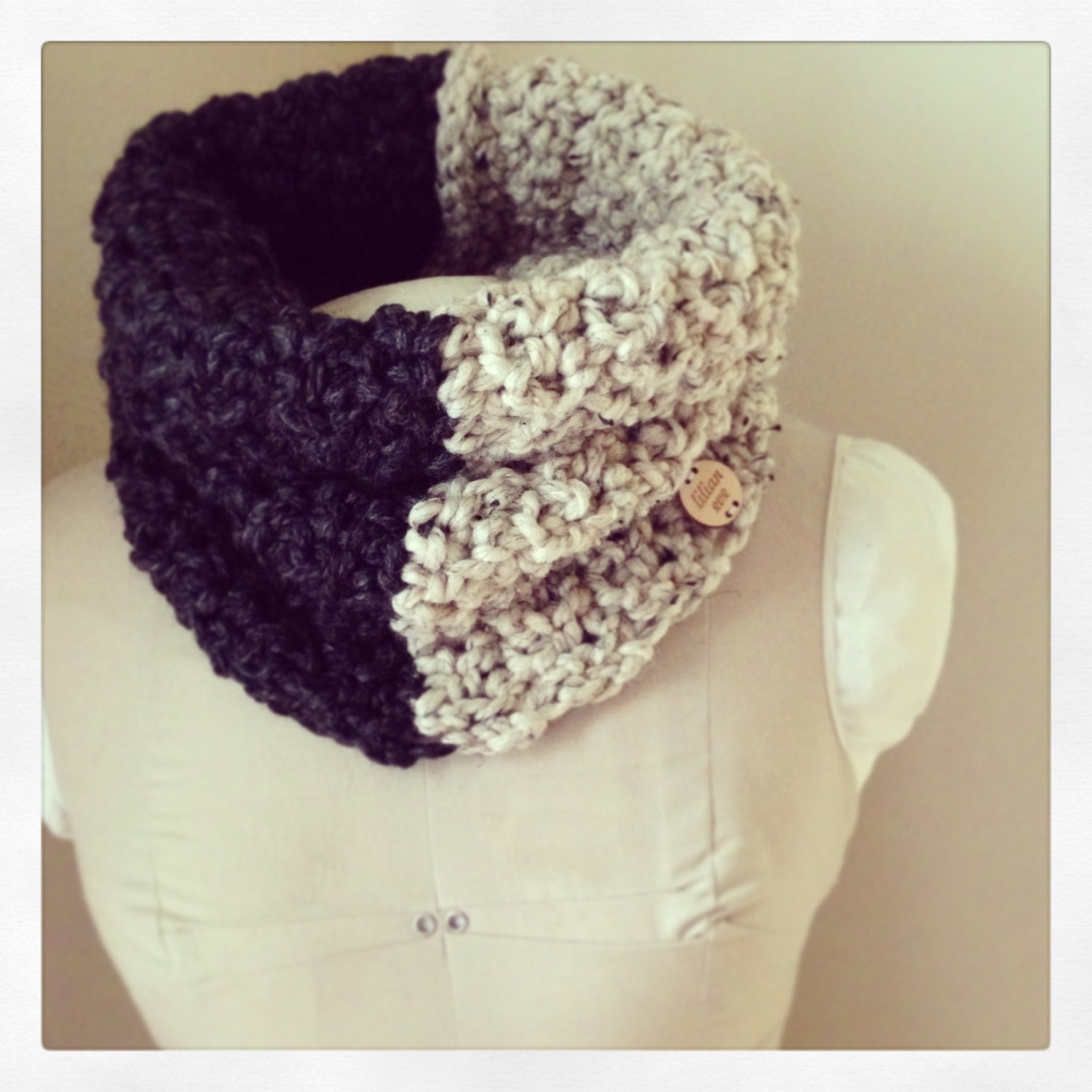 Color Block Chunky Cowl/ Earthtone/ Neckwarmer/ Charcoal & Oatmeal