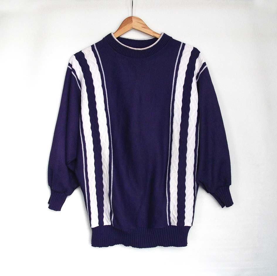 Purple Sweater with White Stripes - Vintage, Batwing Knit Jumper - Violet and White