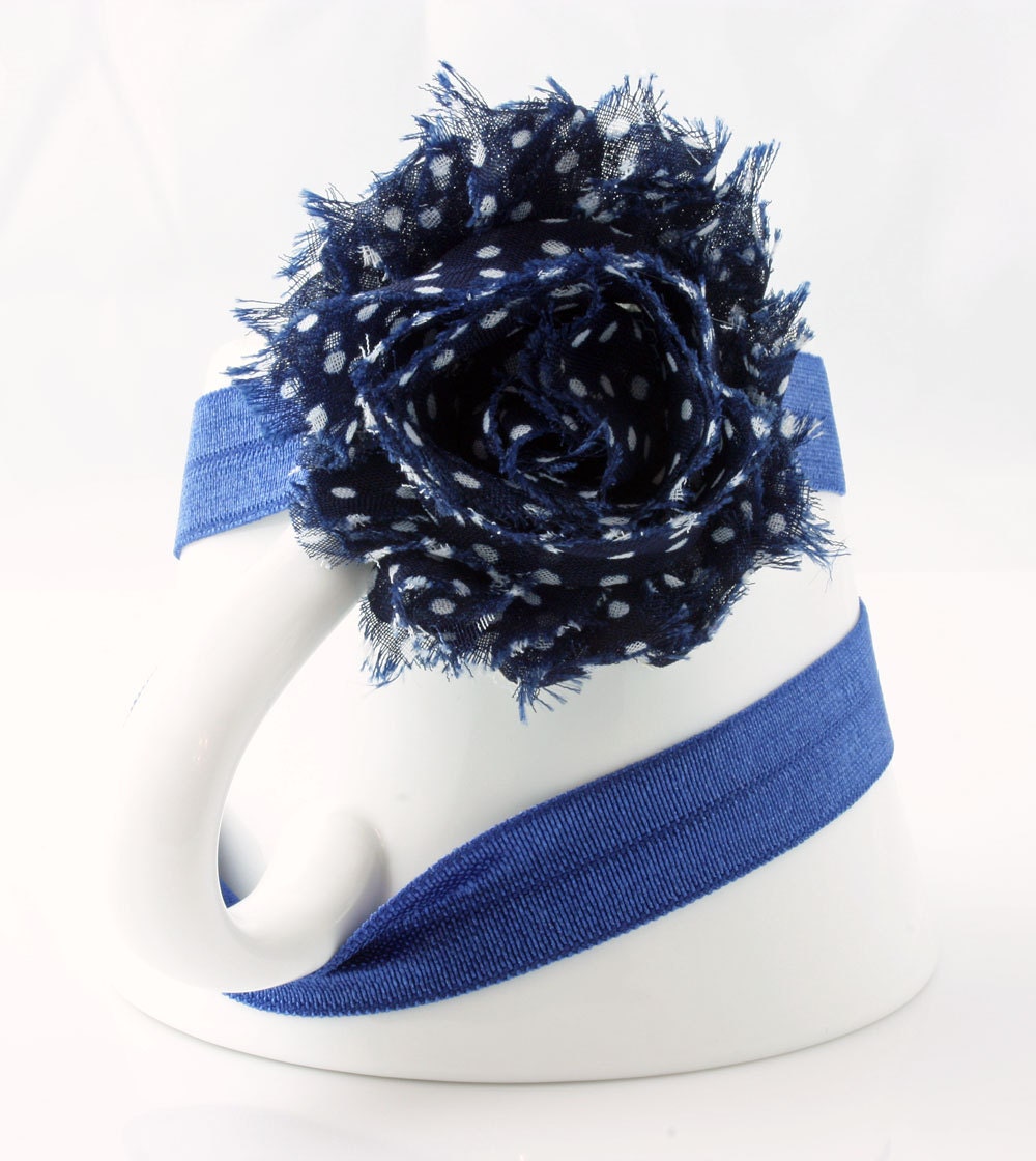 Newborn Headband, Baby Head Band, Shabby Flower Headband, Chiffon Flower BluePolka Dot Headband