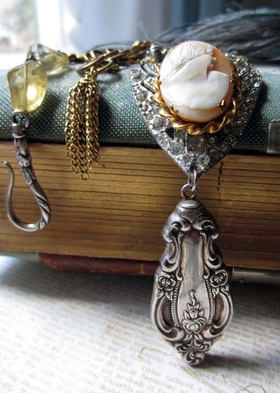 table manors - vintage assemblage necklace with art deco rhinestones, shell cameo and sterling silverware by the french circus