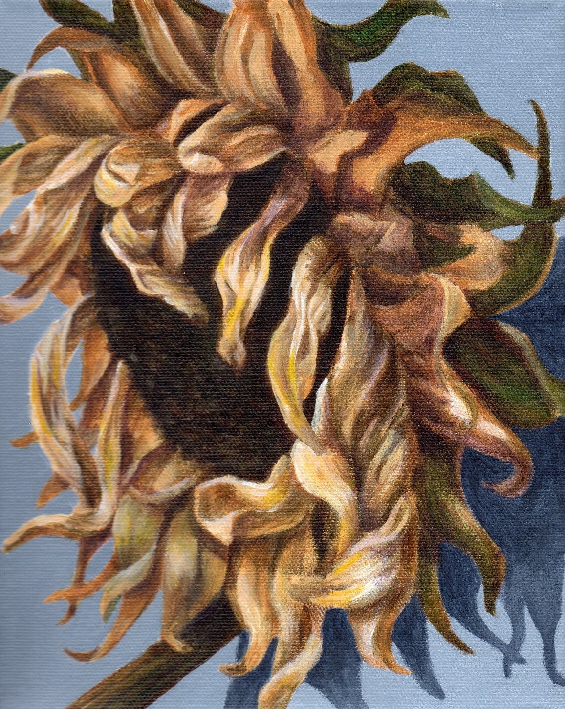 Original Acrylic Floral Still Life Painting on Canvas - Fading Sunflower in Yellow, Brown and Gray