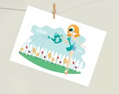 Set of 6 - Colorful Spring Garden Girl Stationery Note Cards - Available in Blue Pink and Yellow with Recycled Brown Envelopes