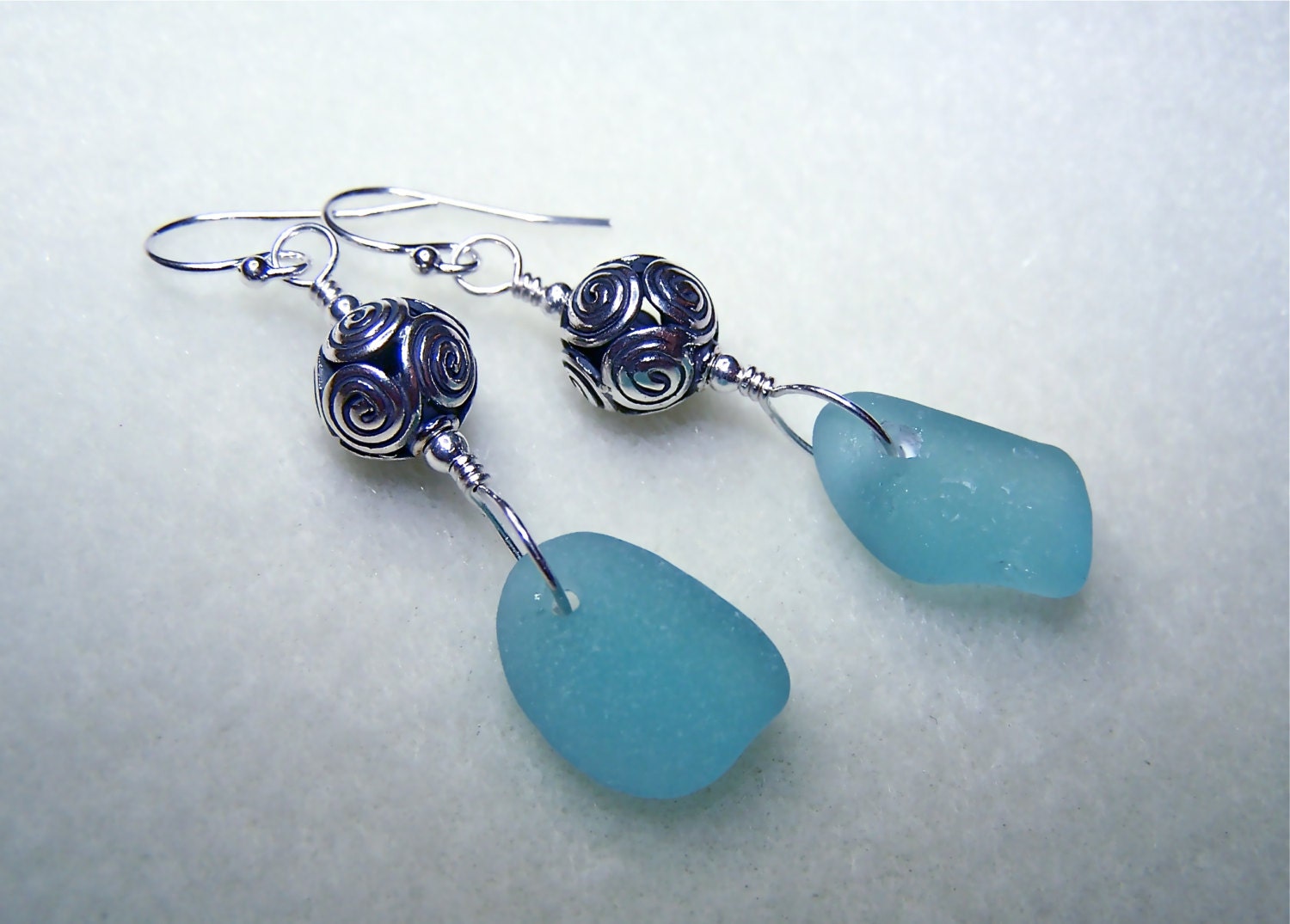 Sea Glass Earrings - Beach Glass Jewelry - Aqua Blue and Silver Dangle Earrings with Sterling Bali Swirl Beads - Handmade - Wire Wrap