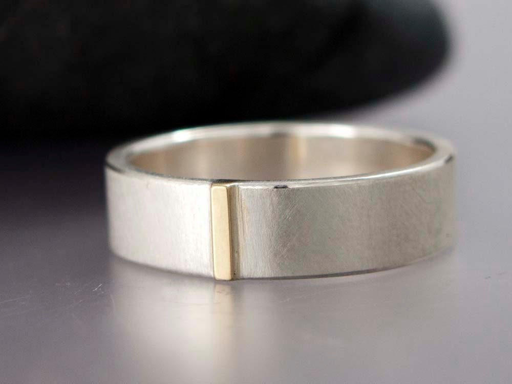 Mens 14k Gold and Sterling Silver Wedding Band - Custom Made 6mm Wide Flat wedding Band with Gold Bar