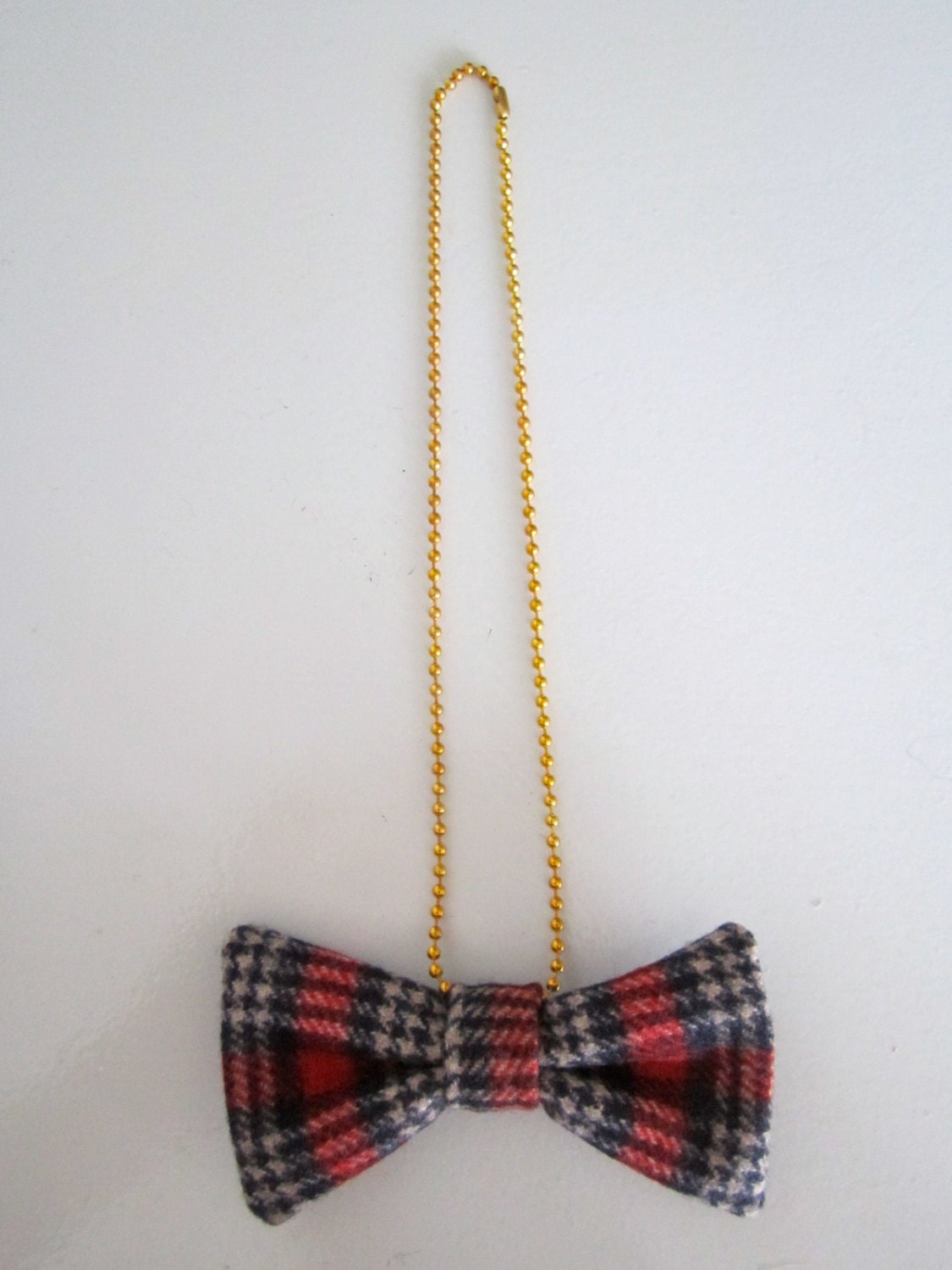 tartan, plaid, bow, bow tie, gold plated, ball and chain, necklace, by heatherbritton on etsy