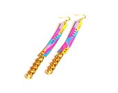 Neon Leather Earrings, Hand Painted Colors and Dots, Long Chain Earrings, Geometric Jewelry