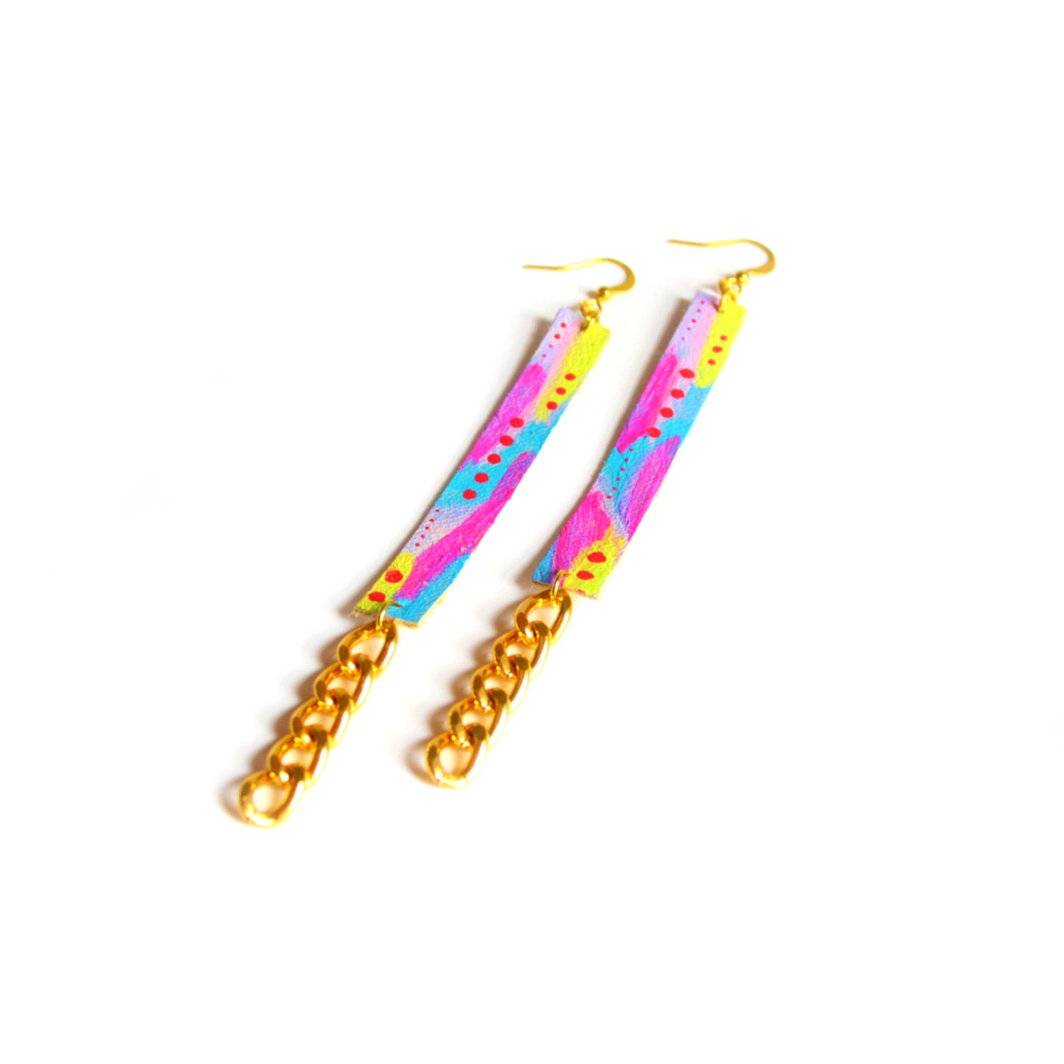 Neon Leather Earrings, Hand Painted Colors and Dots, Long Chain Earrings, Geometric Jewelry