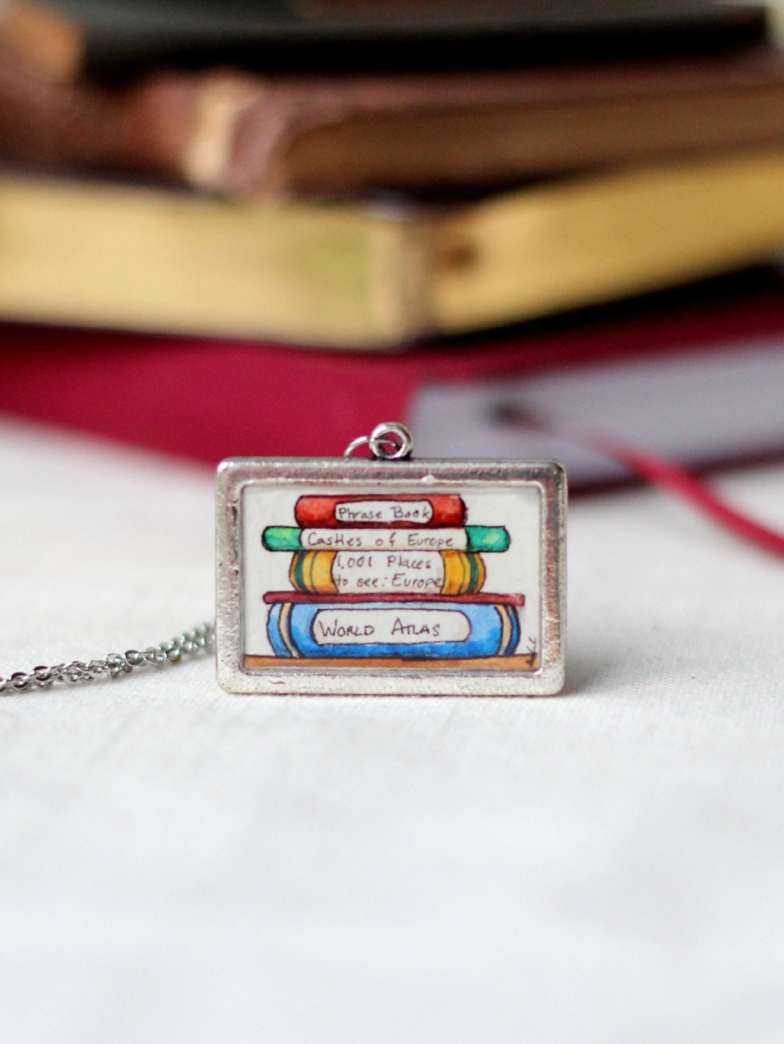 travel book jewelry, hand painted necklace, Going Abroad, Europe travel pendant bookends, ORIGINAL PAINTING