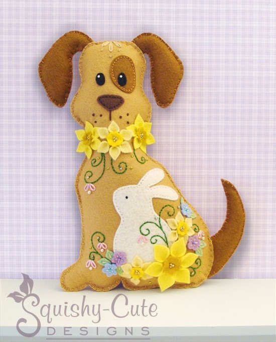 Dog Stuffed Animal Pattern - Felt Plushie Sewing Pattern & Tutorial - Daffodil the Easter Dog - Embroidery Pattern PDF