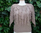 Vintage 80s / New Wave / Tan and Gold / Roped / Beaded / Pat Benatar / Punk / Sweater / MEDIUM