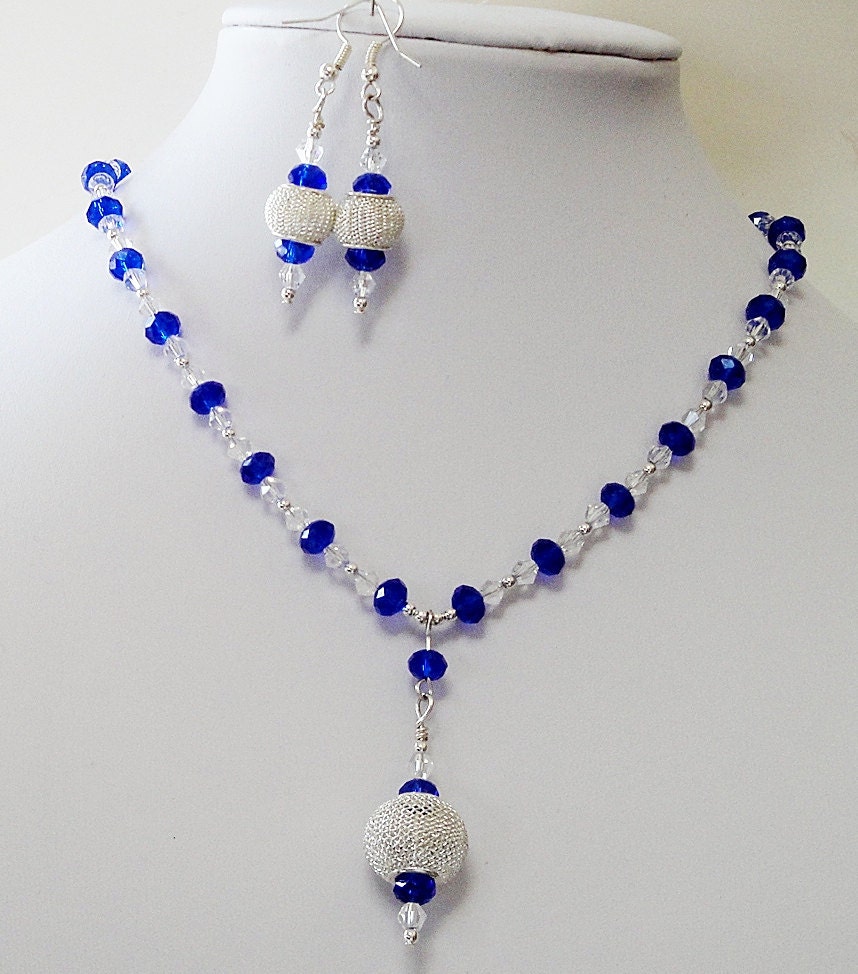 10% Off Blue Sapphire Clear Faceted Crystal Silver Mesh Dangle Necklace Set/ Mothers Gift, Bridal Jewelry