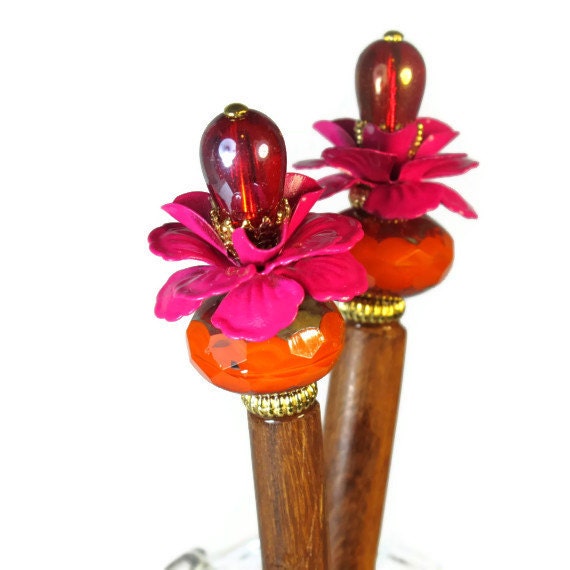 Floral Hair Accessories,  Flower Hair Sticks in Exotic Hot Pink