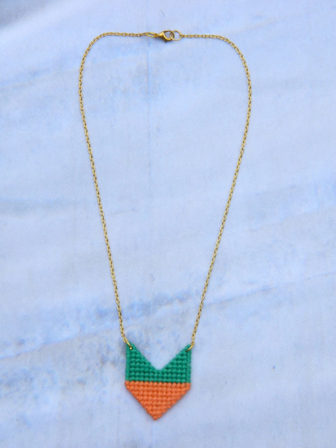 Geometric Chevron Necklace, Orange and Green necklace, Tapestry Pendant Necklace