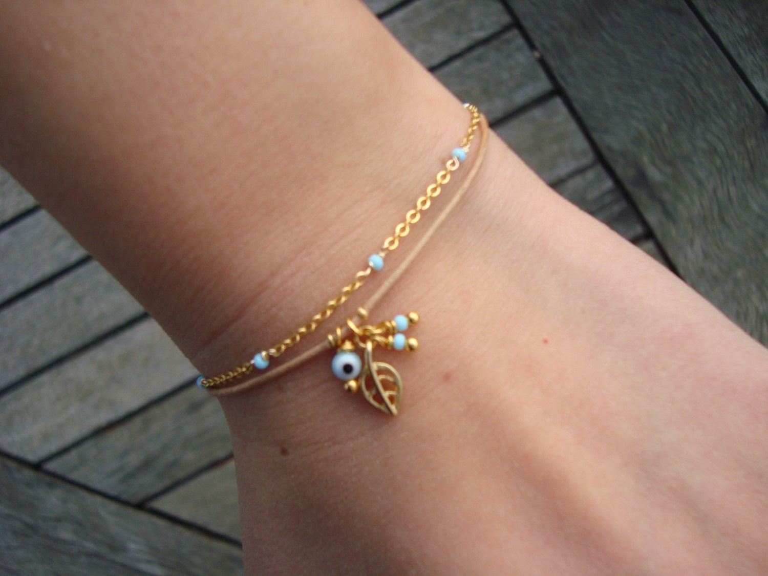 Evil Eye Beaded Dainty Gold Leaf Charm Bracelet
