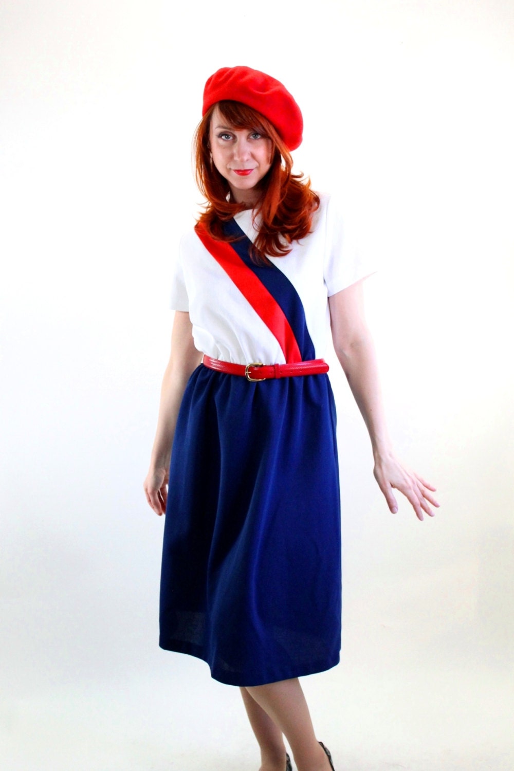 1970s Navy Blue White Red Stripes Nautical Day Dress. Plus Size / Size Large