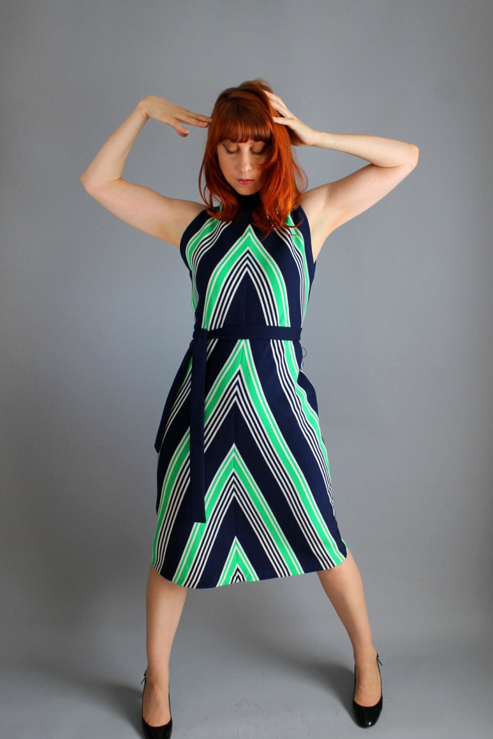 1960s Navy Blue Green Chevron Stripes Mod Dress. Day Dress. Mad Men Fashion. Summer. Fall. Office. Size Large