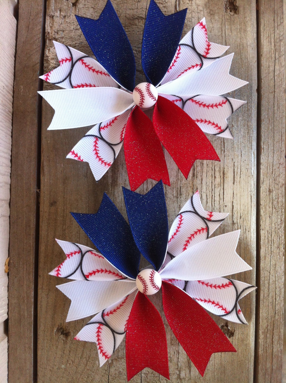 RED WHITE and BLUE Baseball Sports Star-burst Hair Bows