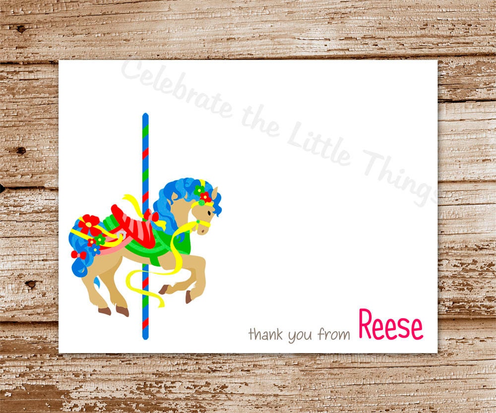 SET of 8 CAROUSEL Horse Note Cards  :  Merry-Go-Round, Personalized, Thank You Notecards