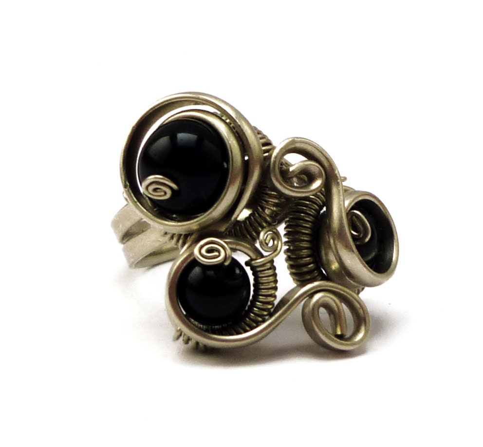 Wire Wrap Steampunk Ring with Black Onyx stones