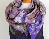 Nuno felted silk,lace & wool shawl collage shawl - purple taupe beige green dusky pink lagenlook - Art to Wear OOAK