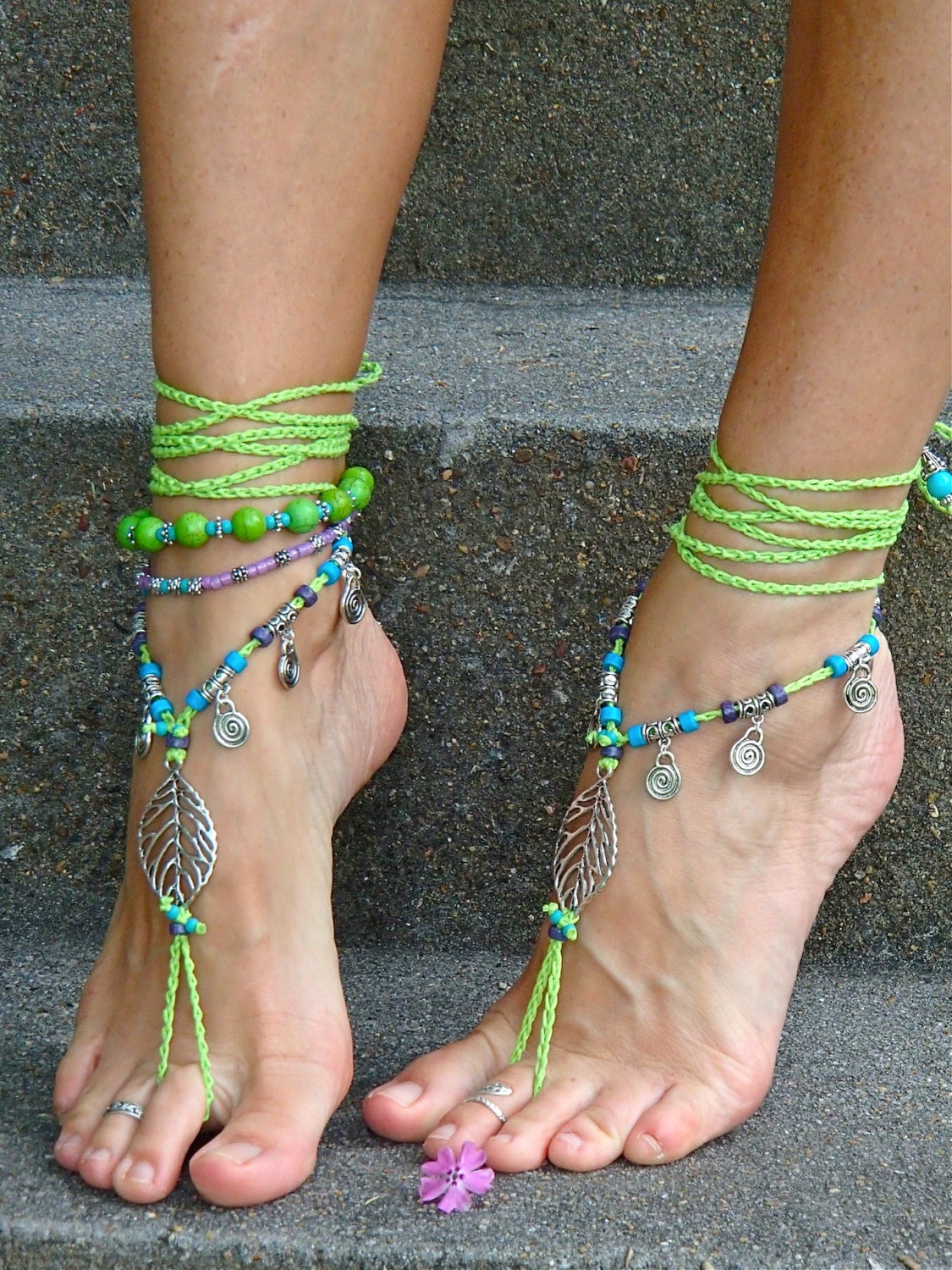 NEON green BAREFOOT sandals LEAF Toe anklets Woodland Fairy Tribal Anklet Sandals Gypsy sole less shoes Crochet sandals Bikini jewelry