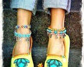 LOTUS Canvas SHOES Neon Yellow Espadrilles Slip on shoe Flats Lotus Hand painted shoes Crochet womens shoes Beach Cotton slippers