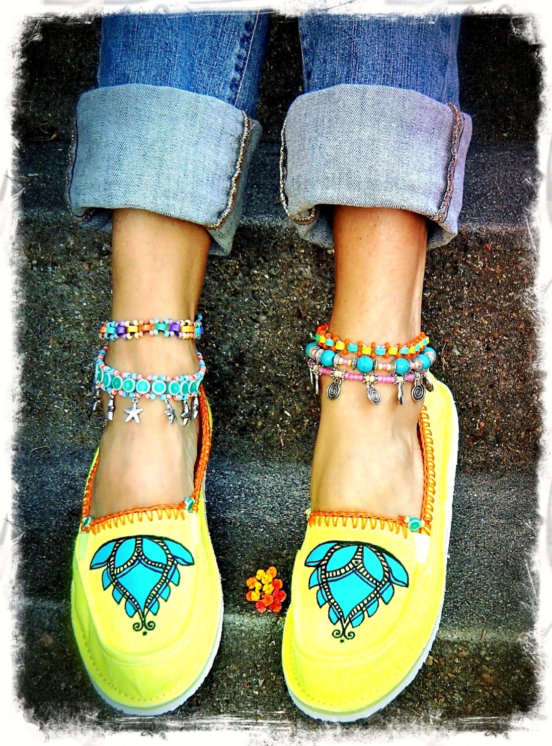 LOTUS Canvas SHOES Neon Yellow Espadrilles Slip on shoe Flats Lotus Hand painted shoes Crochet womens shoes Beach Cotton slippers