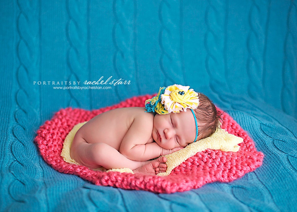 Teal Deal- yellow and aqua ruffle and rosette chevron headband