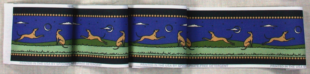 Greyhound print fabric trim, blue sky, green landscape with moon and stars . 1 M Blue/Green/Tan