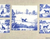 Die Cut Blue Toile Greyhound quilting fabric, Set of FIVE quilt pieces, play bow R